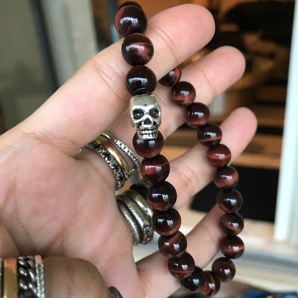 Skull bead bracelet . Men or women red tiger eye gemstones beads & skull charm